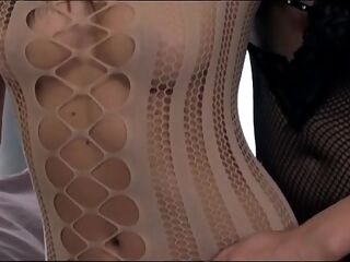 StrapOn Young babes in body stocking use dual strap on for mutual lesbo ejaculation